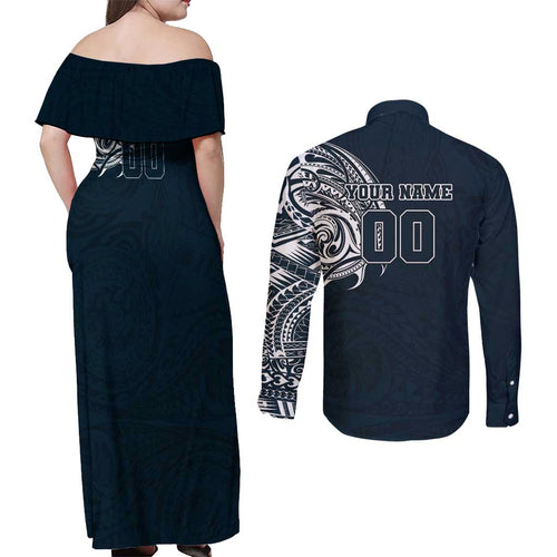 Personalized Carlton Blues Polynesian Couples Matching Off Shoulder Maxi Dress and Long Sleeve Button Shirt Tribal Chest and Sleeve Tattoo Heritage Warrior