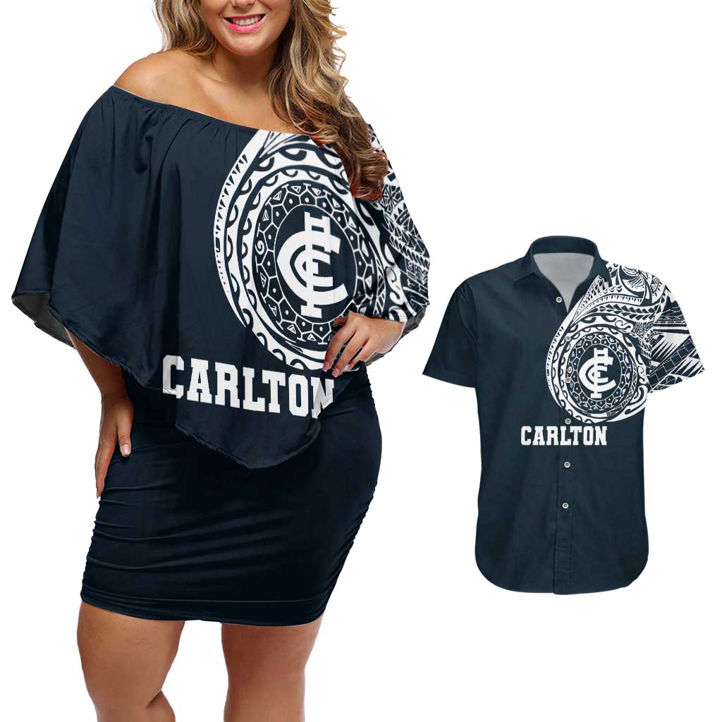 Personalized Carlton Blues Polynesian Couples Matching Off Shoulder Short Dress and Hawaiian Shirt Tribal Chest and Sleeve Tattoo Heritage Warrior