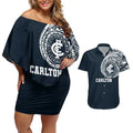 Personalized Carlton Blues Polynesian Couples Matching Off Shoulder Short Dress and Hawaiian Shirt Tribal Chest and Sleeve Tattoo Heritage Warrior