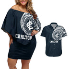 Personalized Carlton Blues Polynesian Couples Matching Off Shoulder Short Dress and Hawaiian Shirt Tribal Chest and Sleeve Tattoo Heritage Warrior