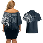 Personalized Carlton Blues Polynesian Couples Matching Off Shoulder Short Dress and Hawaiian Shirt Tribal Chest and Sleeve Tattoo Heritage Warrior