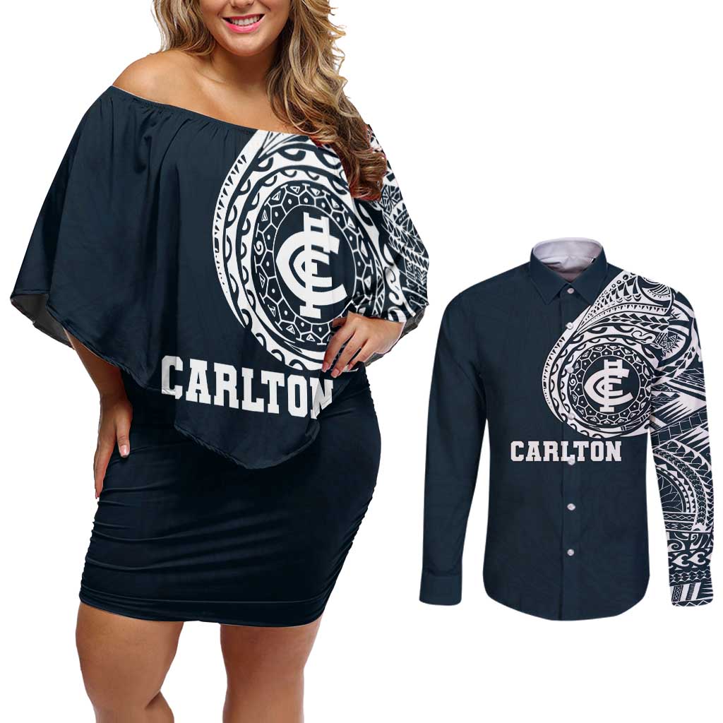 Personalized Carlton Blues Polynesian Couples Matching Off Shoulder Short Dress and Long Sleeve Button Shirt Tribal Chest and Sleeve Tattoo Heritage Warrior
