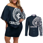 Personalized Carlton Blues Polynesian Couples Matching Off Shoulder Short Dress and Long Sleeve Button Shirt Tribal Chest and Sleeve Tattoo Heritage Warrior