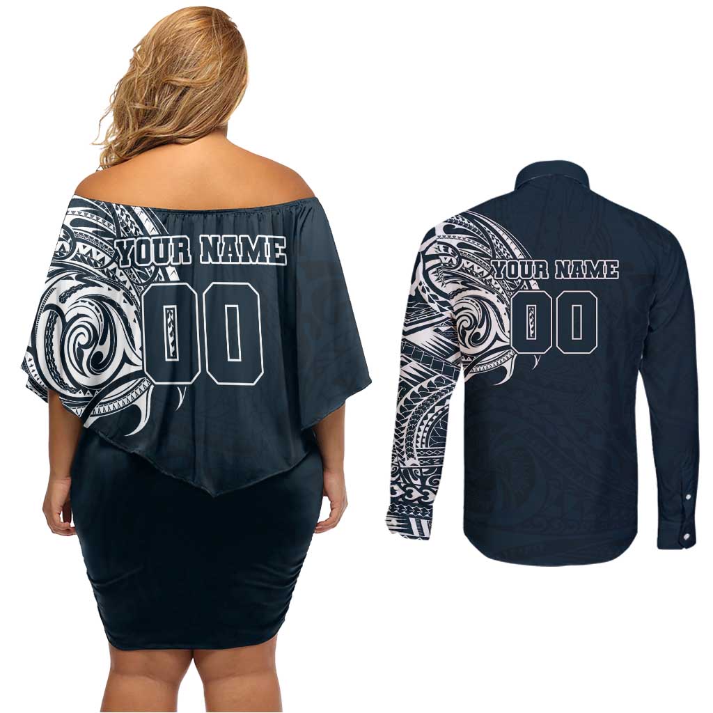 Personalized Carlton Blues Polynesian Couples Matching Off Shoulder Short Dress and Long Sleeve Button Shirt Tribal Chest and Sleeve Tattoo Heritage Warrior