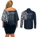 Personalized Carlton Blues Polynesian Couples Matching Off Shoulder Short Dress and Long Sleeve Button Shirt Tribal Chest and Sleeve Tattoo Heritage Warrior