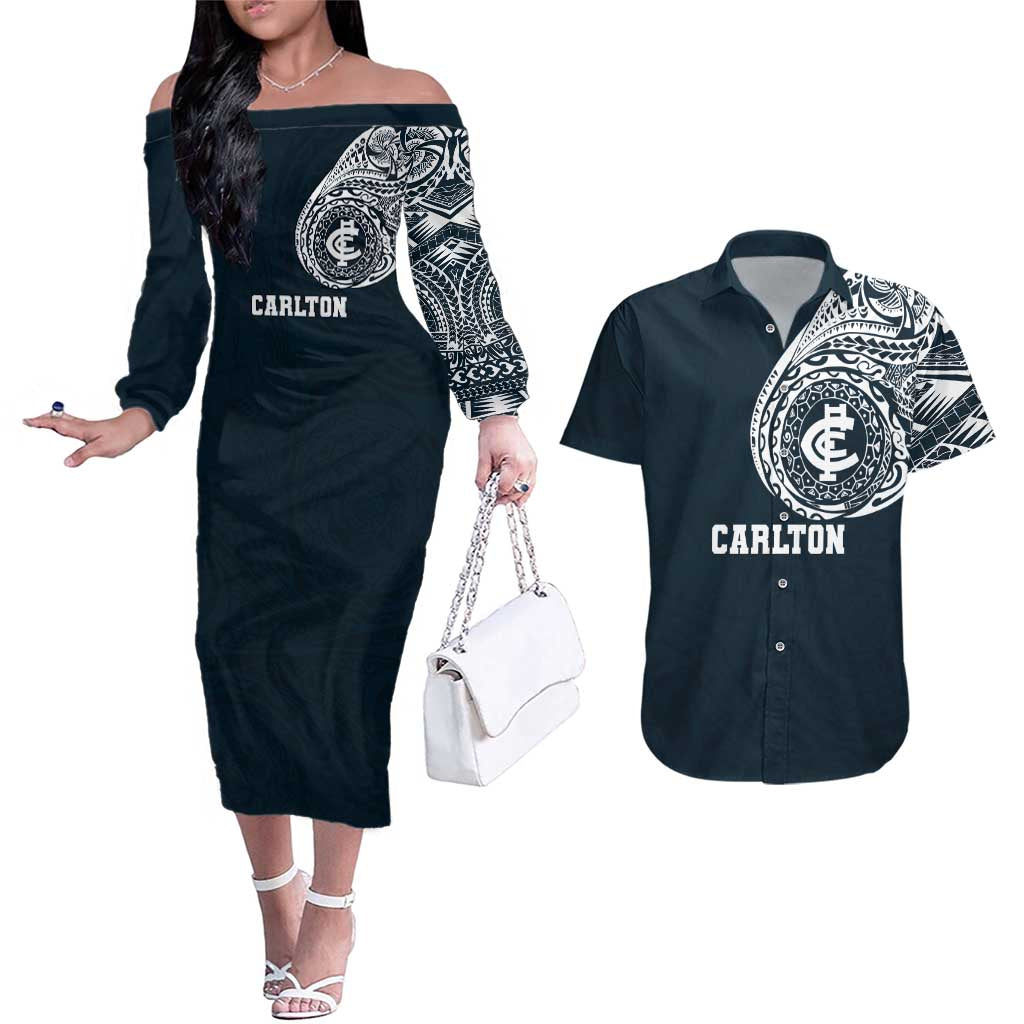 Personalized Carlton Blues Polynesian Couples Matching Off The Shoulder Long Sleeve Dress and Hawaiian Shirt Tribal Chest and Sleeve Tattoo Heritage Warrior