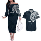 Personalized Carlton Blues Polynesian Couples Matching Off The Shoulder Long Sleeve Dress and Hawaiian Shirt Tribal Chest and Sleeve Tattoo Heritage Warrior