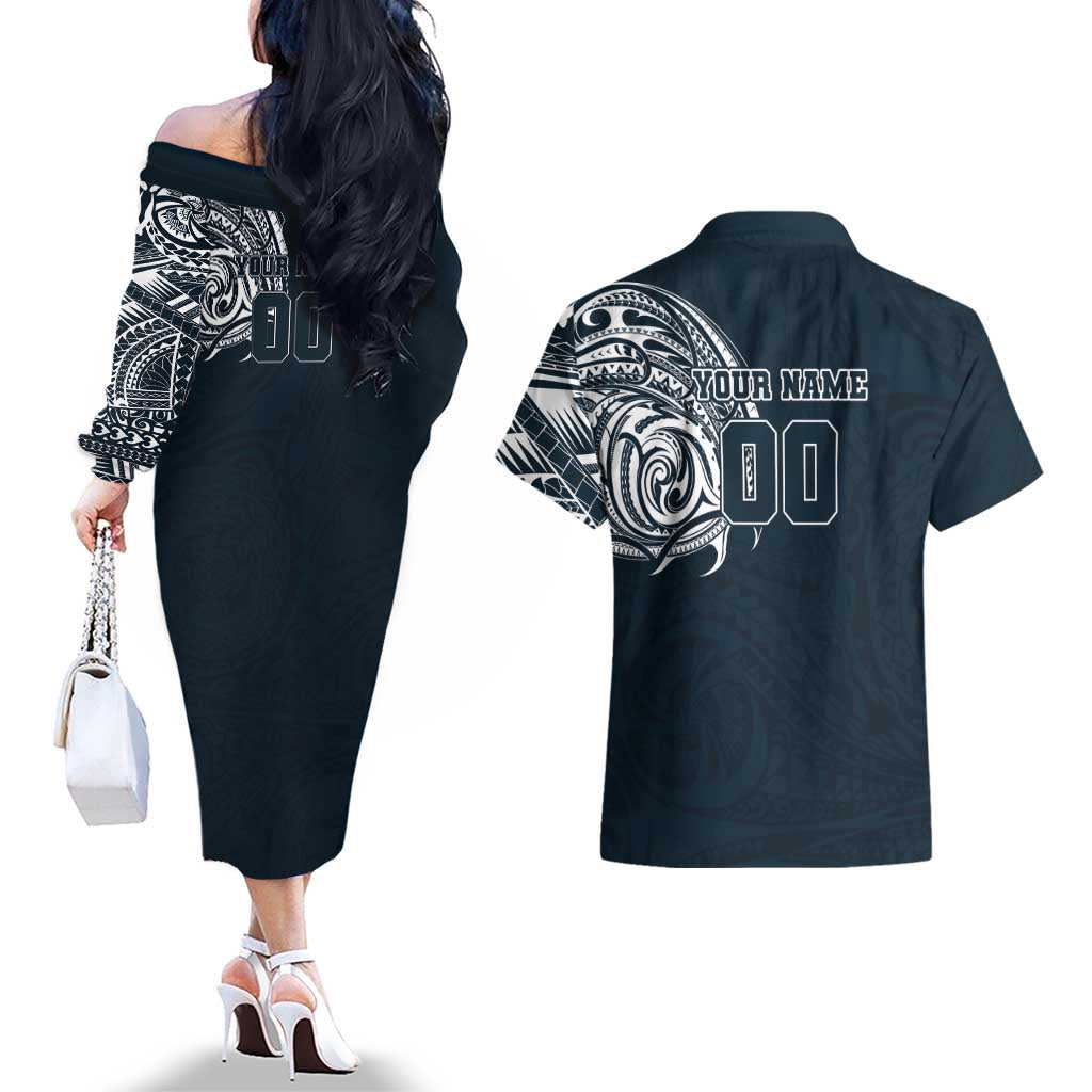 Personalized Carlton Blues Polynesian Couples Matching Off The Shoulder Long Sleeve Dress and Hawaiian Shirt Tribal Chest and Sleeve Tattoo Heritage Warrior