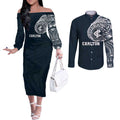 Personalized Carlton Blues Polynesian Couples Matching Off The Shoulder Long Sleeve Dress and Long Sleeve Button Shirt Tribal Chest and Sleeve Tattoo Heritage Warrior