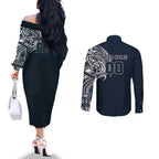 Personalized Carlton Blues Polynesian Couples Matching Off The Shoulder Long Sleeve Dress and Long Sleeve Button Shirt Tribal Chest and Sleeve Tattoo Heritage Warrior