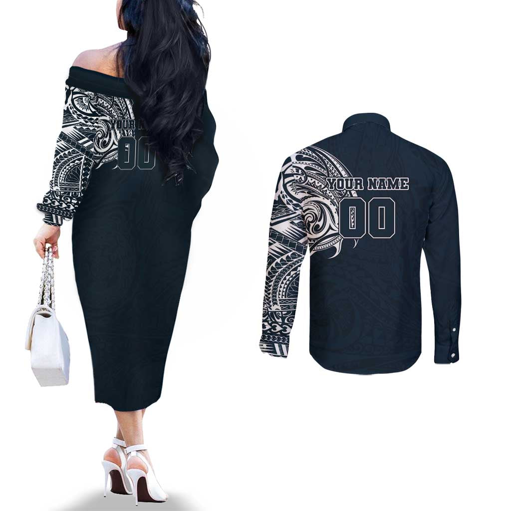 Personalized Carlton Blues Polynesian Couples Matching Off The Shoulder Long Sleeve Dress and Long Sleeve Button Shirt Tribal Chest and Sleeve Tattoo Heritage Warrior
