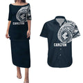Personalized Carlton Blues Polynesian Couples Matching Puletasi and Hawaiian Shirt Tribal Chest and Sleeve Tattoo Heritage Warrior