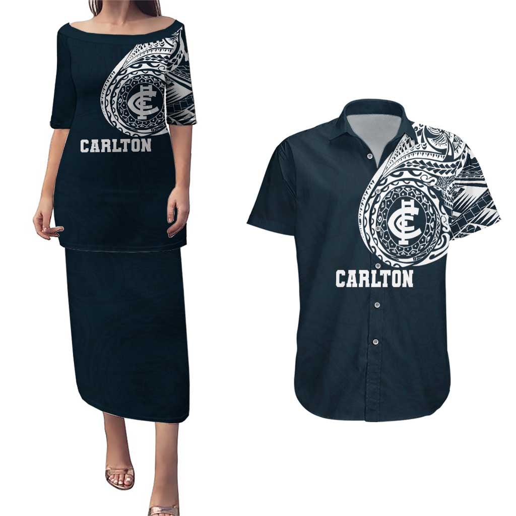 Personalized Carlton Blues Polynesian Couples Matching Puletasi and Hawaiian Shirt Tribal Chest and Sleeve Tattoo Heritage Warrior