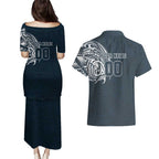 Personalized Carlton Blues Polynesian Couples Matching Puletasi and Hawaiian Shirt Tribal Chest and Sleeve Tattoo Heritage Warrior