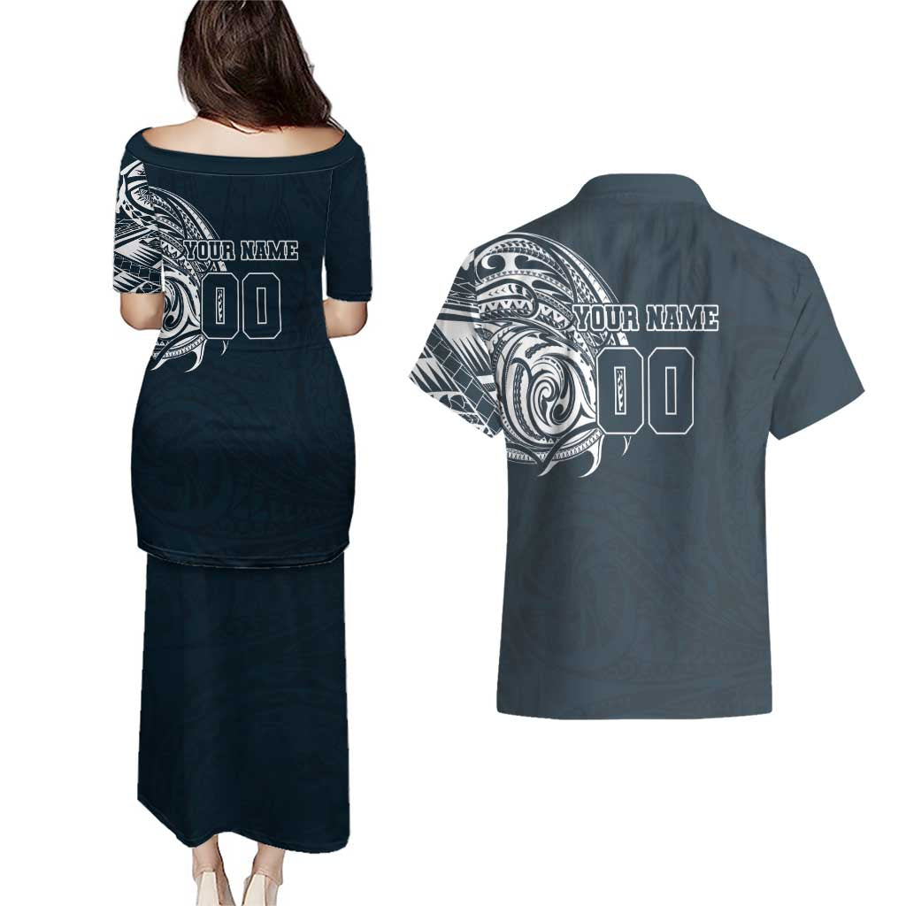 Personalized Carlton Blues Polynesian Couples Matching Puletasi and Hawaiian Shirt Tribal Chest and Sleeve Tattoo Heritage Warrior
