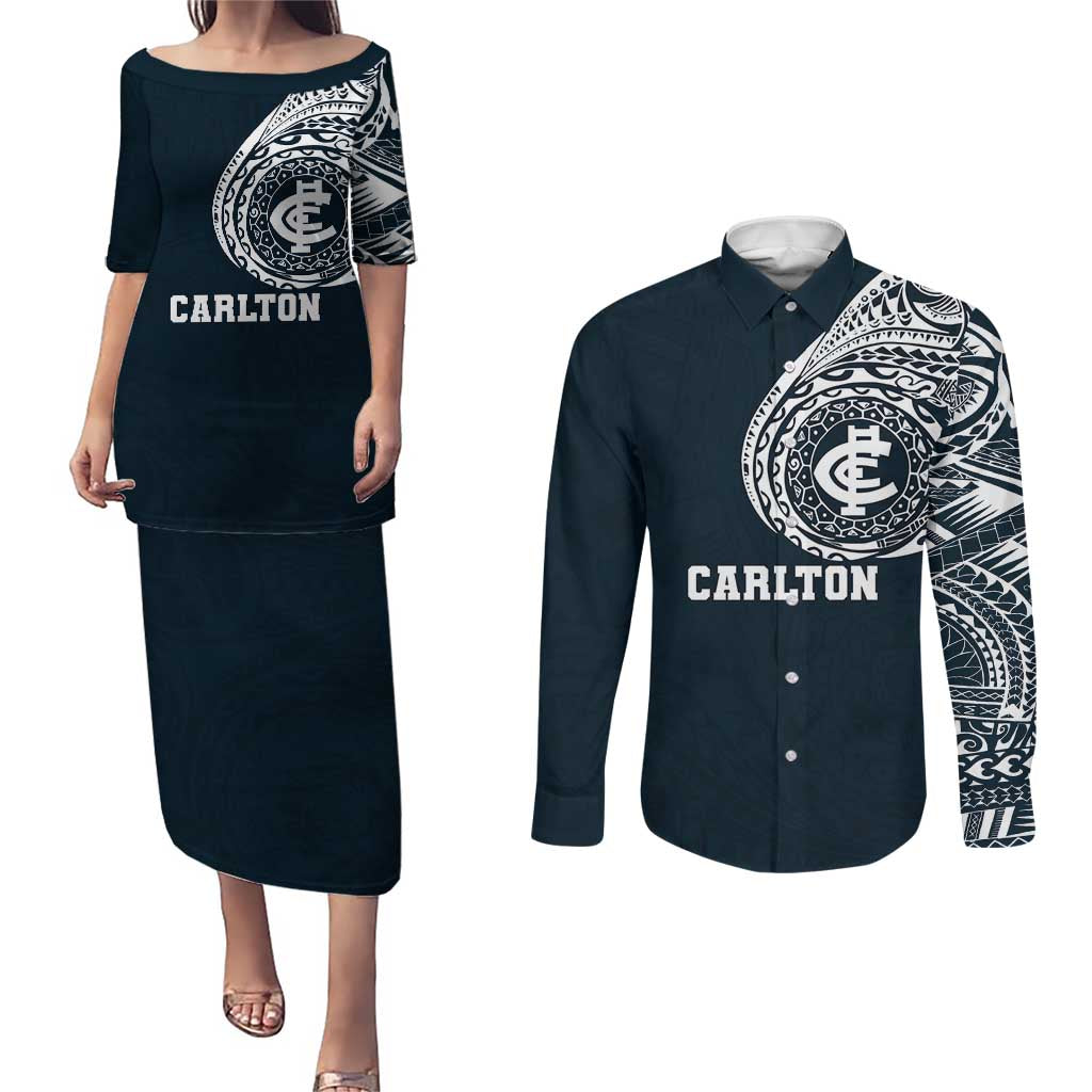 Personalized Carlton Blues Polynesian Couples Matching Puletasi and Long Sleeve Button Shirt Tribal Chest and Sleeve Tattoo Heritage Warrior
