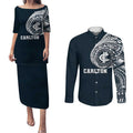 Personalized Carlton Blues Polynesian Couples Matching Puletasi and Long Sleeve Button Shirt Tribal Chest and Sleeve Tattoo Heritage Warrior