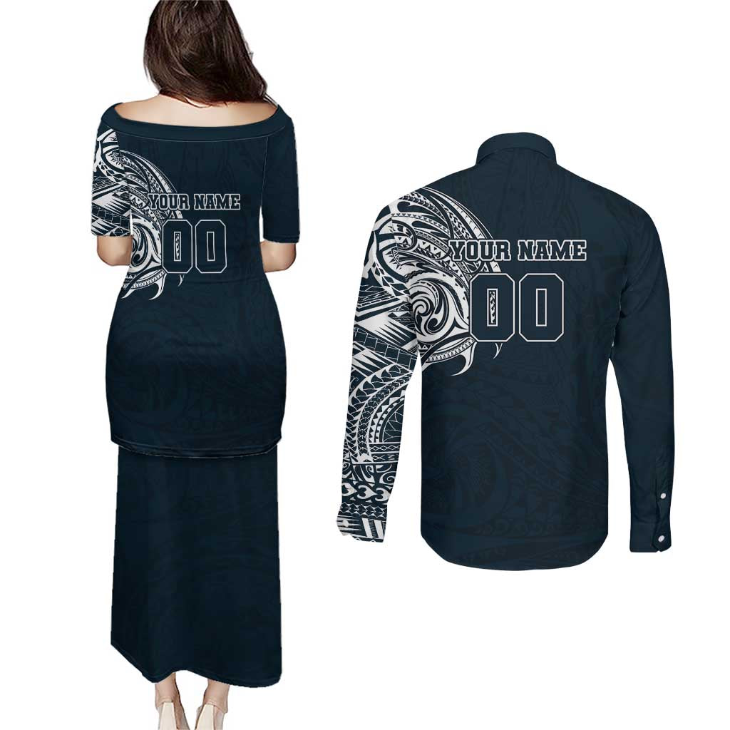 Personalized Carlton Blues Polynesian Couples Matching Puletasi and Long Sleeve Button Shirt Tribal Chest and Sleeve Tattoo Heritage Warrior
