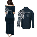Personalized Carlton Blues Polynesian Couples Matching Puletasi and Long Sleeve Button Shirt Tribal Chest and Sleeve Tattoo Heritage Warrior