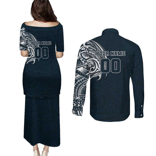 Personalized Carlton Blues Polynesian Couples Matching Puletasi and Long Sleeve Button Shirt Tribal Chest and Sleeve Tattoo Heritage Warrior