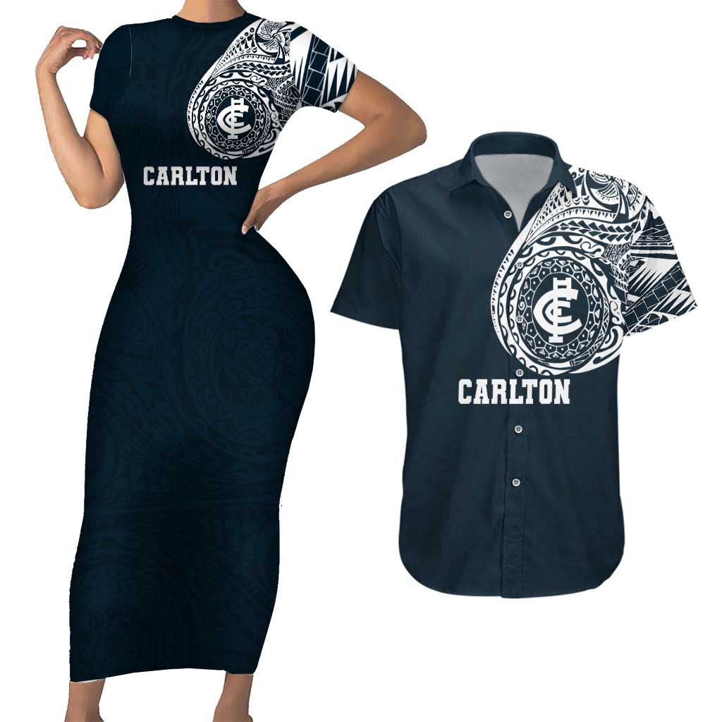 Personalized Carlton Blues Polynesian Couples Matching Short Sleeve Bodycon Dress and Hawaiian Shirt Tribal Chest and Sleeve Tattoo Heritage Warrior