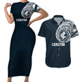 Personalized Carlton Blues Polynesian Couples Matching Short Sleeve Bodycon Dress and Hawaiian Shirt Tribal Chest and Sleeve Tattoo Heritage Warrior
