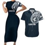 Personalized Carlton Blues Polynesian Couples Matching Short Sleeve Bodycon Dress and Hawaiian Shirt Tribal Chest and Sleeve Tattoo Heritage Warrior