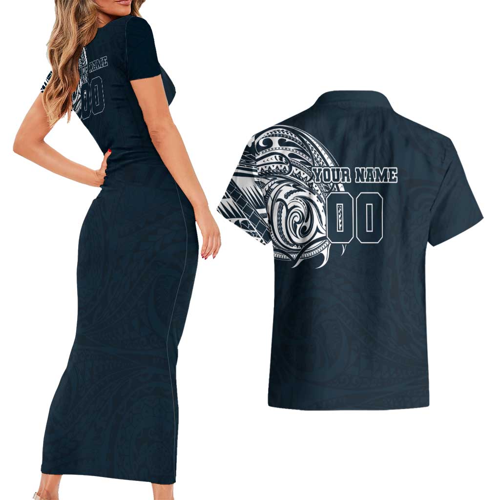 Personalized Carlton Blues Polynesian Couples Matching Short Sleeve Bodycon Dress and Hawaiian Shirt Tribal Chest and Sleeve Tattoo Heritage Warrior