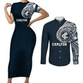 Personalized Carlton Blues Polynesian Couples Matching Short Sleeve Bodycon Dress and Long Sleeve Button Shirt Tribal Chest and Sleeve Tattoo Heritage Warrior