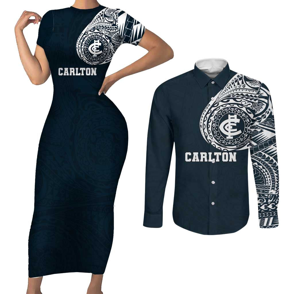 Personalized Carlton Blues Polynesian Couples Matching Short Sleeve Bodycon Dress and Long Sleeve Button Shirt Tribal Chest and Sleeve Tattoo Heritage Warrior