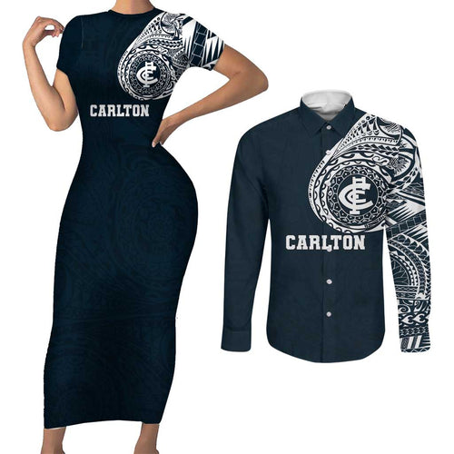 Personalized Carlton Blues Polynesian Couples Matching Short Sleeve Bodycon Dress and Long Sleeve Button Shirt Tribal Chest and Sleeve Tattoo Heritage Warrior