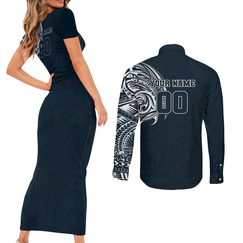 Personalized Carlton Blues Polynesian Couples Matching Short Sleeve Bodycon Dress and Long Sleeve Button Shirt Tribal Chest and Sleeve Tattoo Heritage Warrior