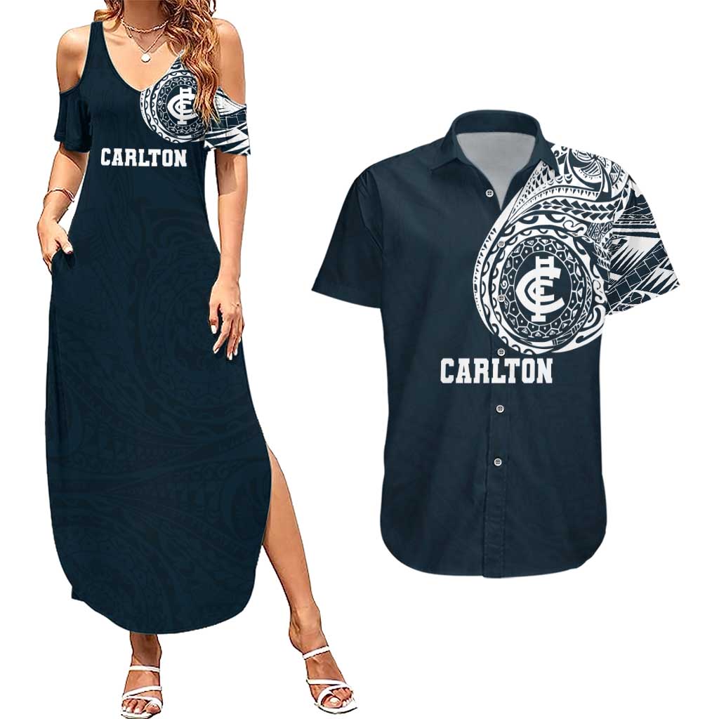 Personalized Carlton Blues Polynesian Couples Matching Summer Maxi Dress and Hawaiian Shirt Tribal Chest and Sleeve Tattoo Heritage Warrior
