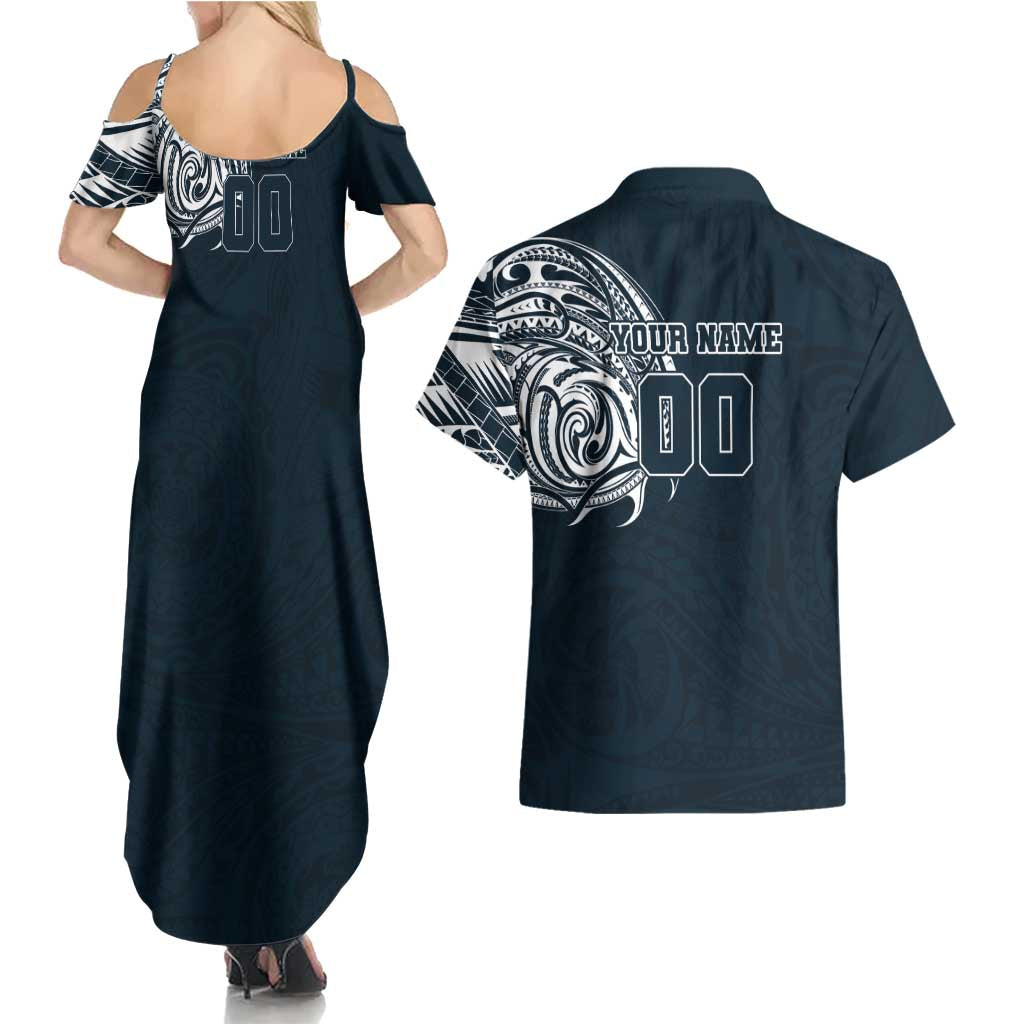 Personalized Carlton Blues Polynesian Couples Matching Summer Maxi Dress and Hawaiian Shirt Tribal Chest and Sleeve Tattoo Heritage Warrior