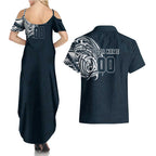 Personalized Carlton Blues Polynesian Couples Matching Summer Maxi Dress and Hawaiian Shirt Tribal Chest and Sleeve Tattoo Heritage Warrior