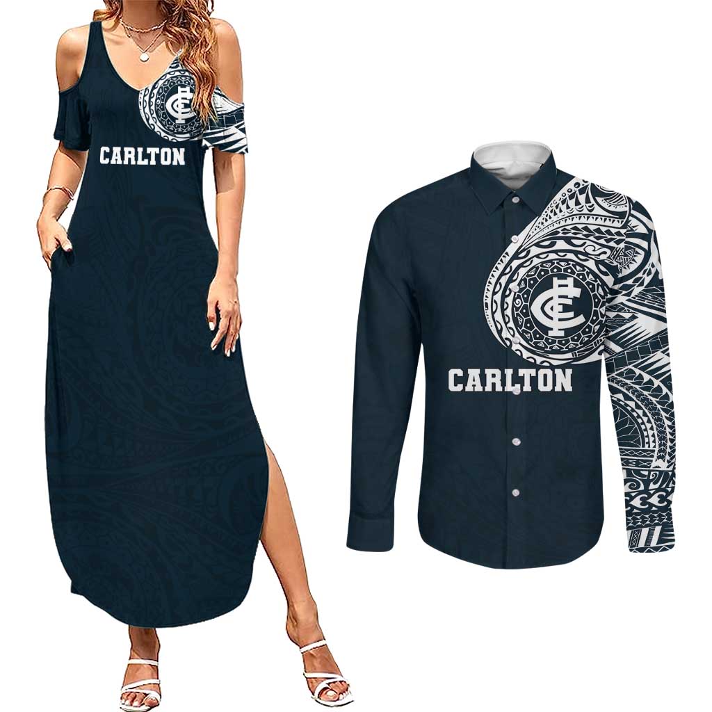 Personalized Carlton Blues Polynesian Couples Matching Summer Maxi Dress and Long Sleeve Button Shirt Tribal Chest and Sleeve Tattoo Heritage Warrior