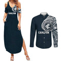 Personalized Carlton Blues Polynesian Couples Matching Summer Maxi Dress and Long Sleeve Button Shirt Tribal Chest and Sleeve Tattoo Heritage Warrior