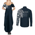 Personalized Carlton Blues Polynesian Couples Matching Summer Maxi Dress and Long Sleeve Button Shirt Tribal Chest and Sleeve Tattoo Heritage Warrior