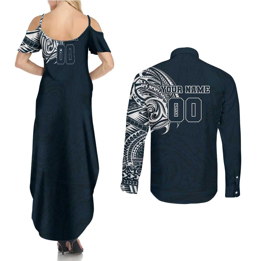 Personalized Carlton Blues Polynesian Couples Matching Summer Maxi Dress and Long Sleeve Button Shirt Tribal Chest and Sleeve Tattoo Heritage Warrior