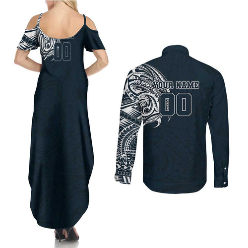 Personalized Carlton Blues Polynesian Couples Matching Summer Maxi Dress and Long Sleeve Button Shirt Tribal Chest and Sleeve Tattoo Heritage Warrior
