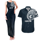 Personalized Carlton Blues Polynesian Couples Matching Tank Maxi Dress and Hawaiian Shirt Tribal Chest and Sleeve Tattoo Heritage Warrior