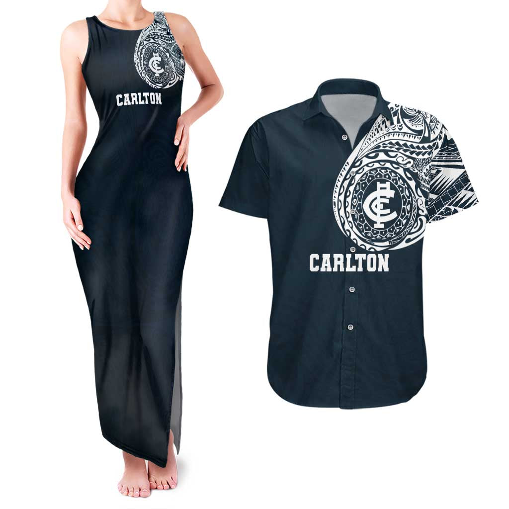 Personalized Carlton Blues Polynesian Couples Matching Tank Maxi Dress and Hawaiian Shirt Tribal Chest and Sleeve Tattoo Heritage Warrior