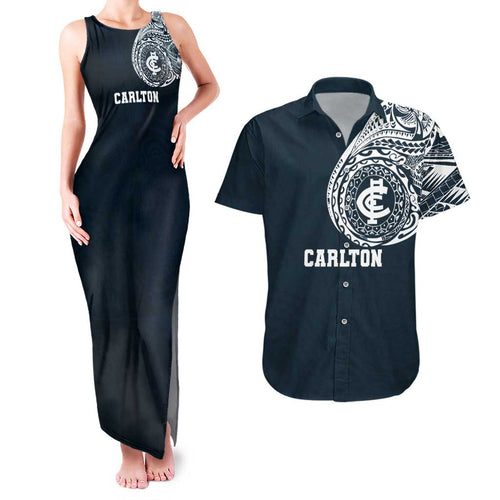 Personalized Carlton Blues Polynesian Couples Matching Tank Maxi Dress and Hawaiian Shirt Tribal Chest and Sleeve Tattoo Heritage Warrior