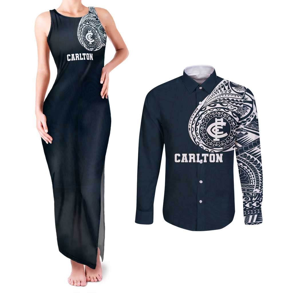 Personalized Carlton Blues Polynesian Couples Matching Tank Maxi Dress and Long Sleeve Button Shirt Tribal Chest and Sleeve Tattoo Heritage Warrior