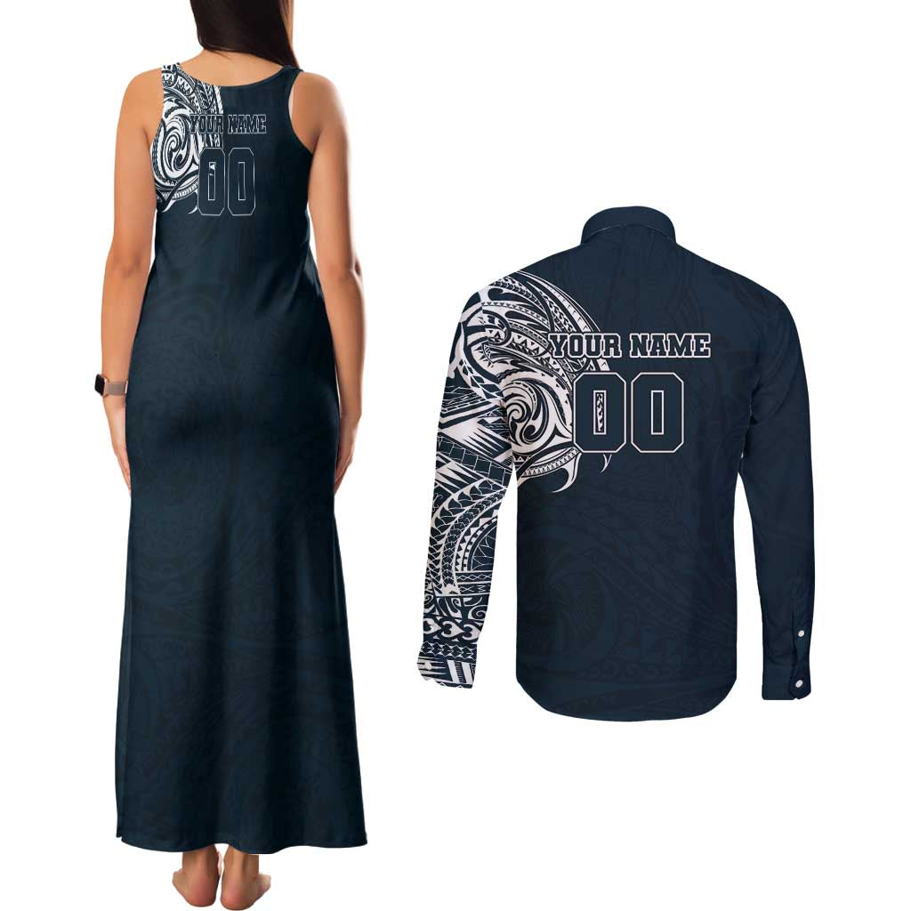 Personalized Carlton Blues Polynesian Couples Matching Tank Maxi Dress and Long Sleeve Button Shirt Tribal Chest and Sleeve Tattoo Heritage Warrior