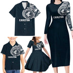 Personalized Carlton Blues Polynesian Family Matching Long Sleeve Bodycon Dress and Hawaiian Shirt Tribal Chest and Sleeve Tattoo Heritage Warrior