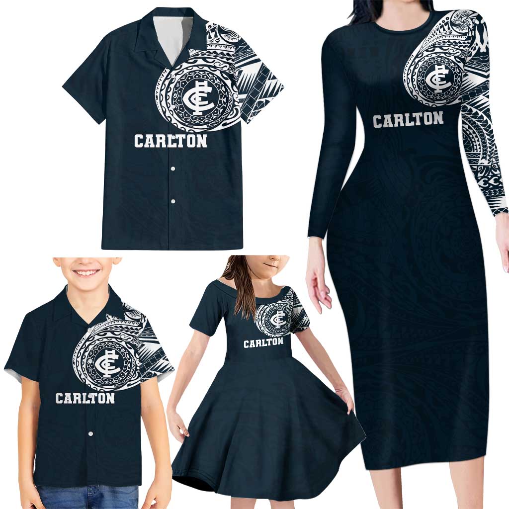 Personalized Carlton Blues Polynesian Family Matching Long Sleeve Bodycon Dress and Hawaiian Shirt Tribal Chest and Sleeve Tattoo Heritage Warrior