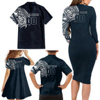 Personalized Carlton Blues Polynesian Family Matching Long Sleeve Bodycon Dress and Hawaiian Shirt Tribal Chest and Sleeve Tattoo Heritage Warrior