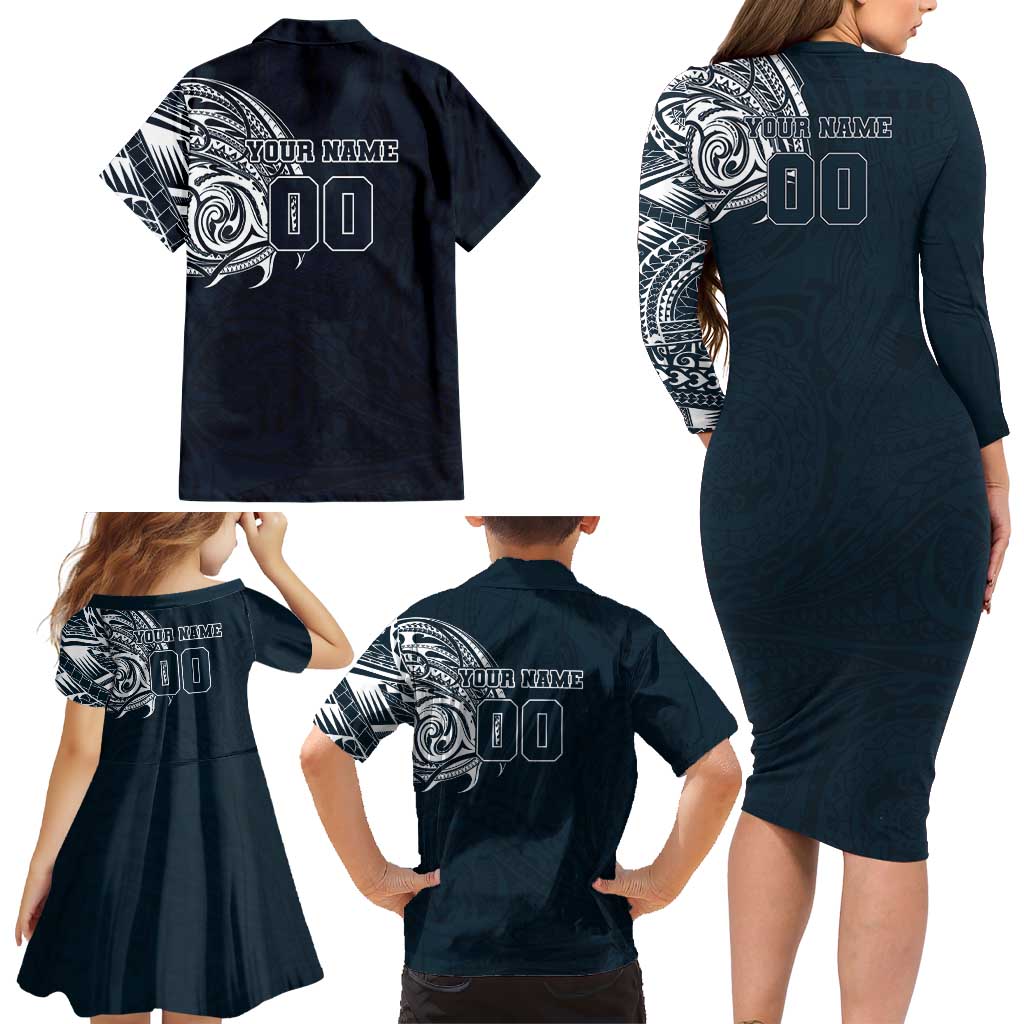 Personalized Carlton Blues Polynesian Family Matching Long Sleeve Bodycon Dress and Hawaiian Shirt Tribal Chest and Sleeve Tattoo Heritage Warrior