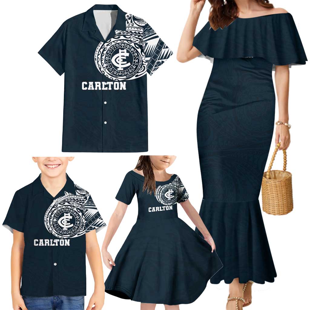Personalized Carlton Blues Polynesian Family Matching Mermaid Dress and Hawaiian Shirt Tribal Chest and Sleeve Tattoo Heritage Warrior